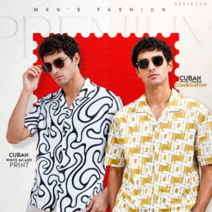 Premium White Jacquard Print & White Orange Cuban Shirt Combo