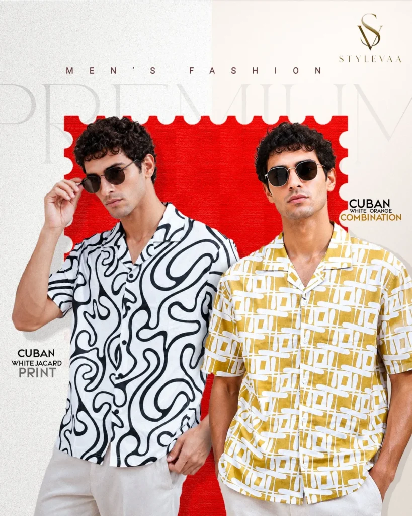 Premium White Jacquard Print & White Orange Cuban Shirt Combo