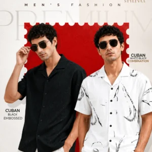 Premium Cuban Shirt Combo – White & Black Printed