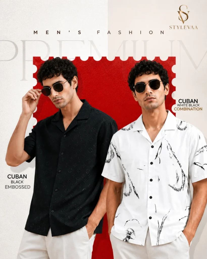 Premium Cuban Shirt Combo – White & Black Printed